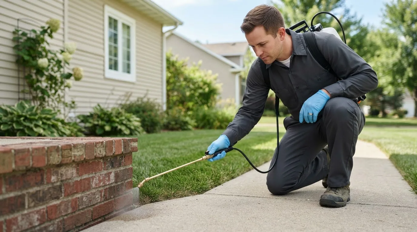 Pest control technician treating a home near Hollenberg, KS