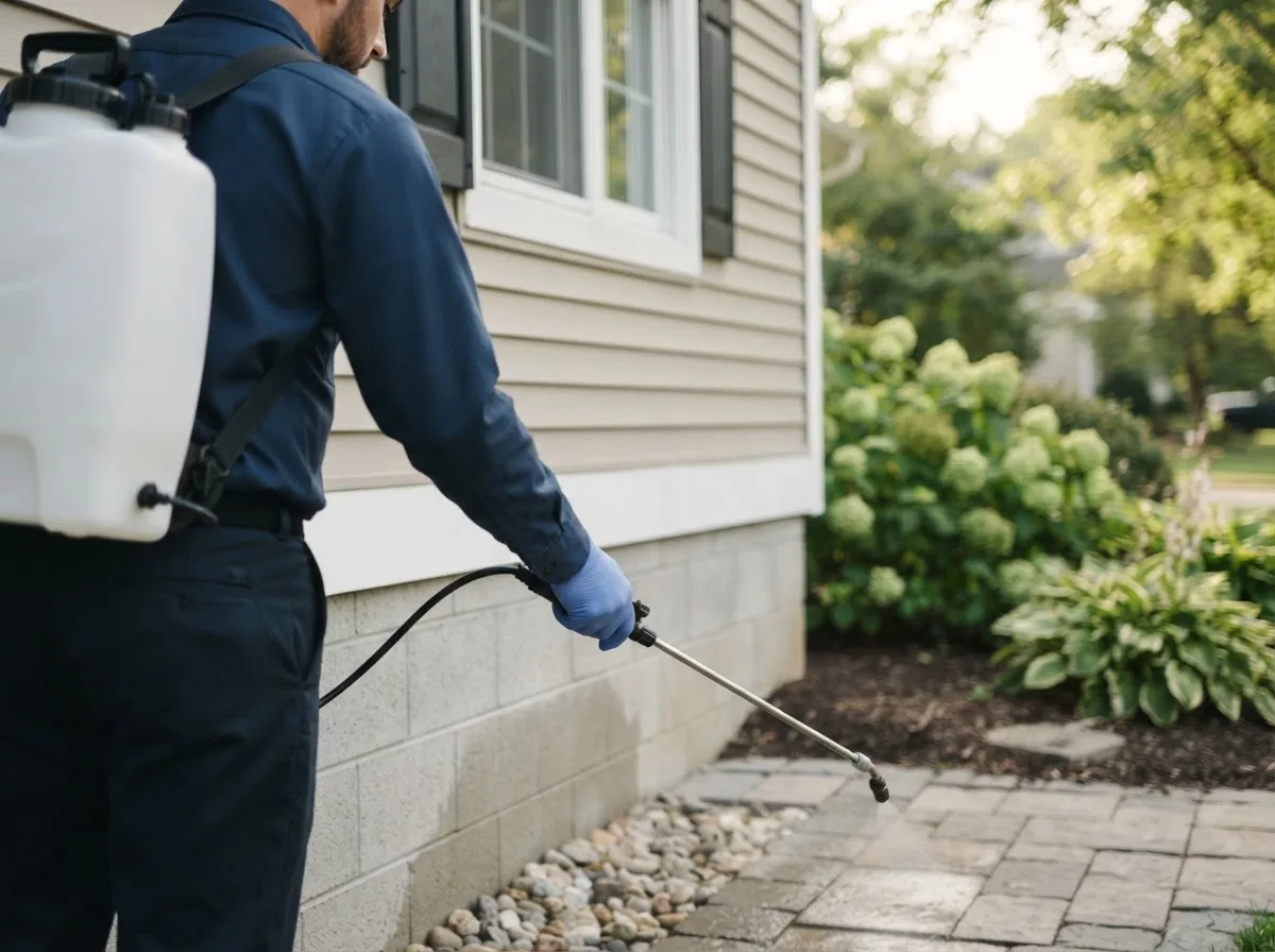 Pest control technician inspecting a home in Hollenberg, KS